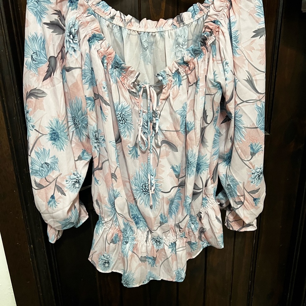 Floral Off-Shoulder Top - Blue and Pink